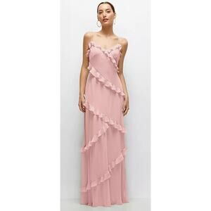 Dessy Collection 3157 Becca Pink Ruffle Chiffon Bias Slip Maxi Dress XL NWT $289